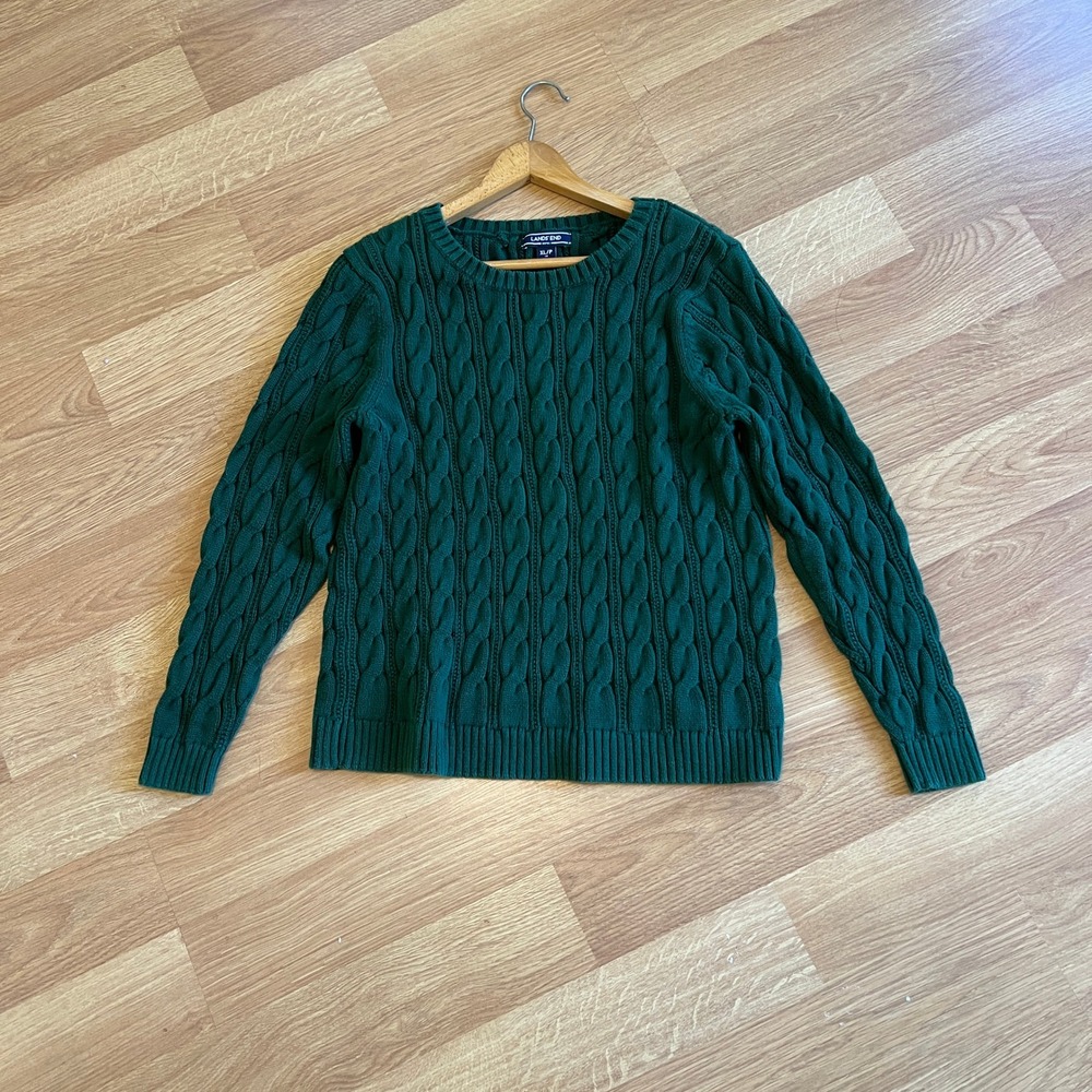 Lands End Drifter Cable Knit Sweater Womens XL/P Green Cotton Holiday Winter